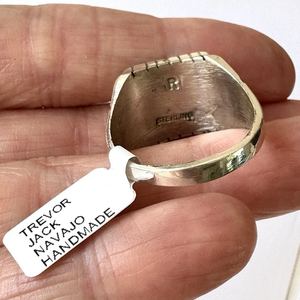 Navajo Turquoise Mens Ring Sz 12 Rectangle Signed Jack Sterling 14mm‎